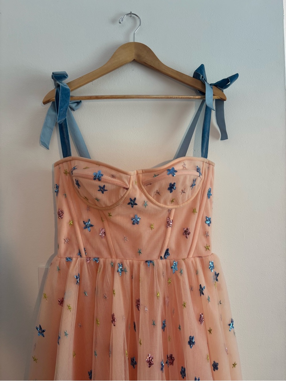 Lirika Matoshi Peach Tulle Midi Dress with Blue Ribbon Straps
